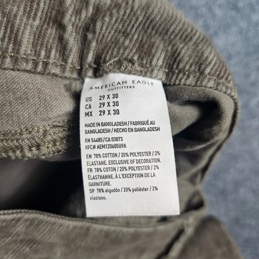 American Eagle Corduroy Slim Pants Mens 30x29 Flex Olive Green Stretch Dark Wash